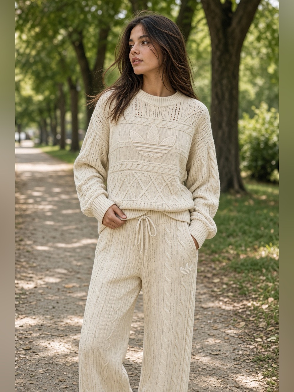 Adidas Women's Cream Cable Knit Sweater & pants set Medium mix